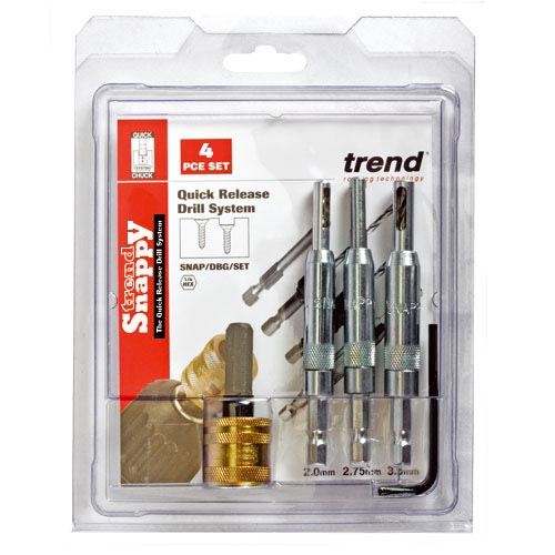 Trend Drill Bit Guides 4 Piece Set - For Accurately Drilling Pilot Holes Centrally To Any Countersink Fitting Such As Hinges Or Lock Faceplates. SNAP/DBG/SET