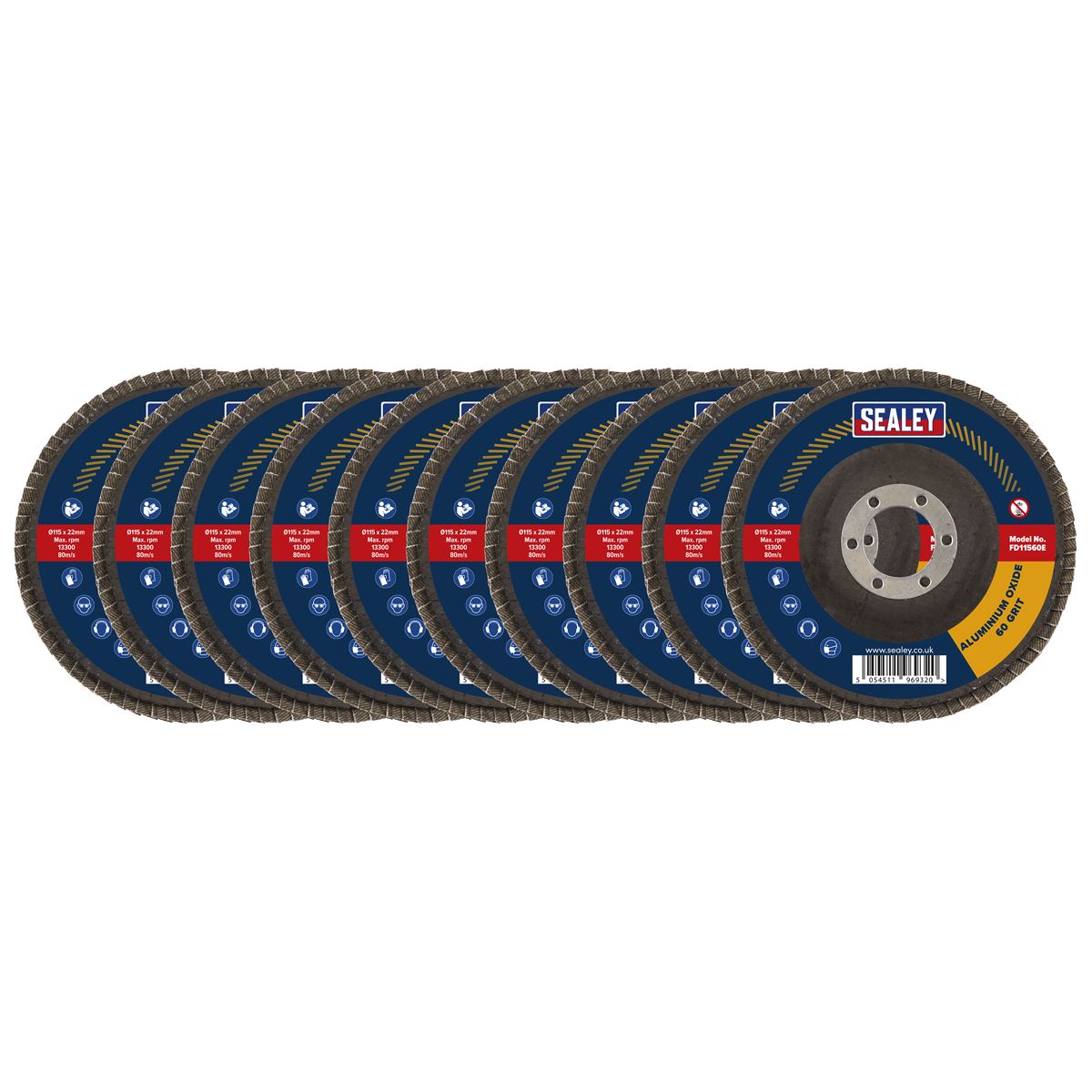 Sealey Assorted Grit Flap Discs Aluminium Oxide Ø115mm Ø22mm Bore - Pack of 10