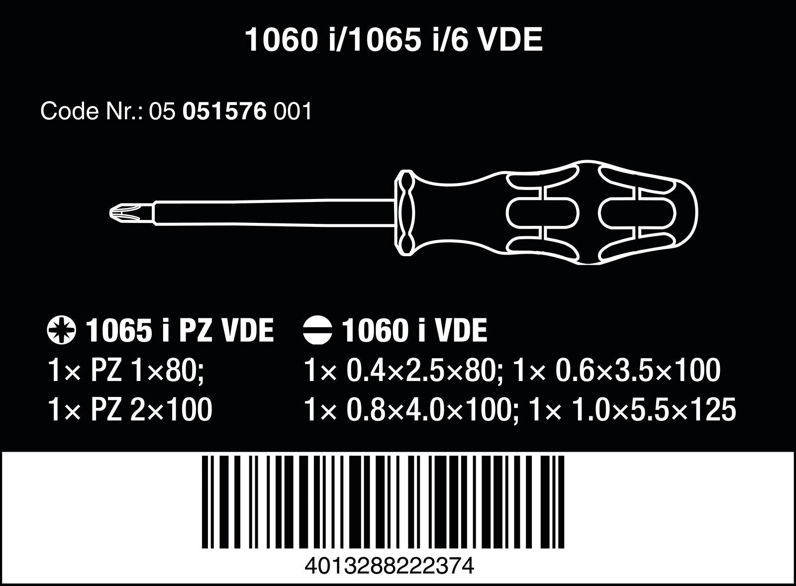 Wera Screwdriver Set Kraftform VDE 6 Pieces Pozi Slotted 1060 i/1065 i/6