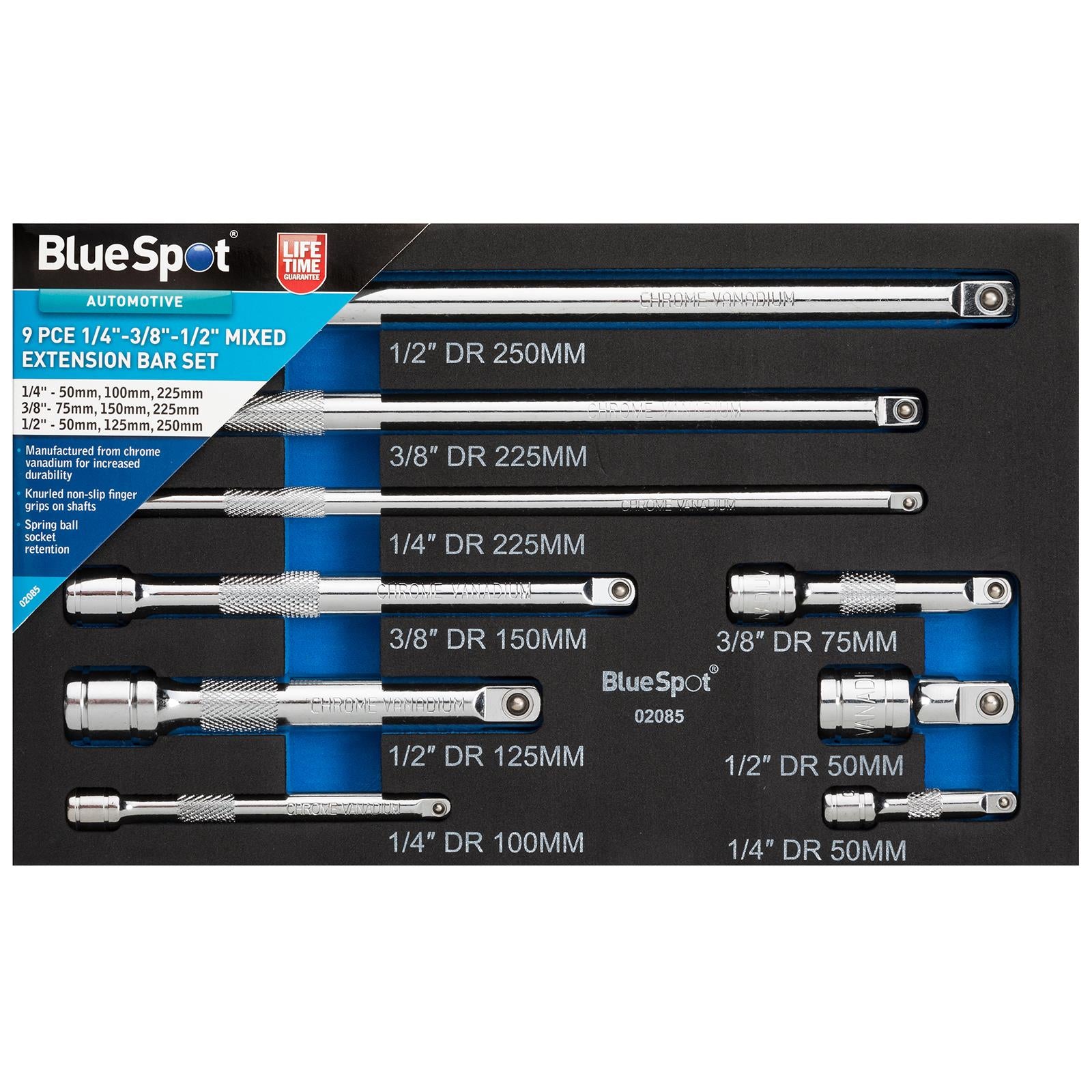 BlueSpot Extension Bar Set 1/4" 3/8" 1/2" Drive Mixed 9 Piece in EVA Foam