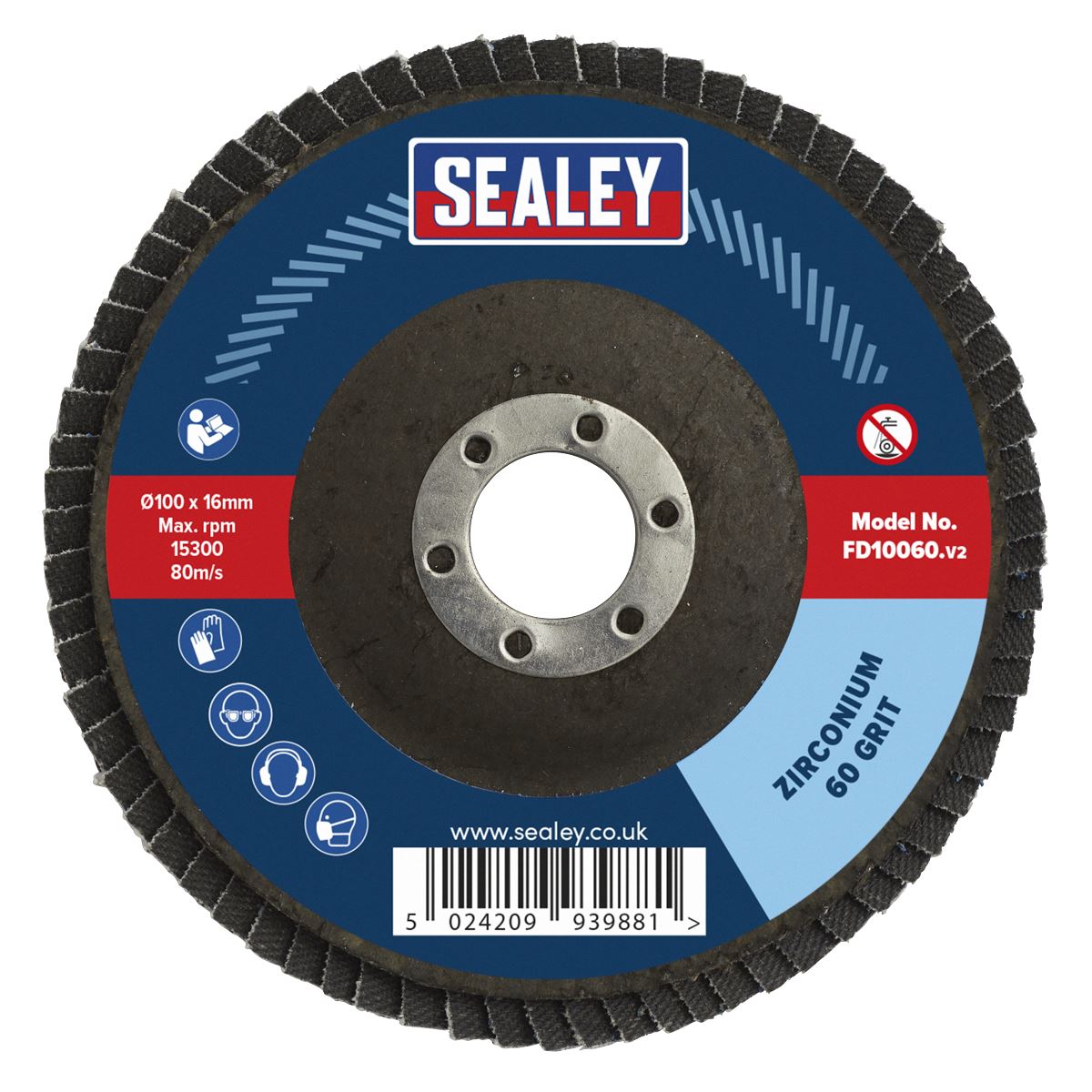 Sealey Flap Disc Zirconium Ø100mm Ø16mm Bore 60Grit