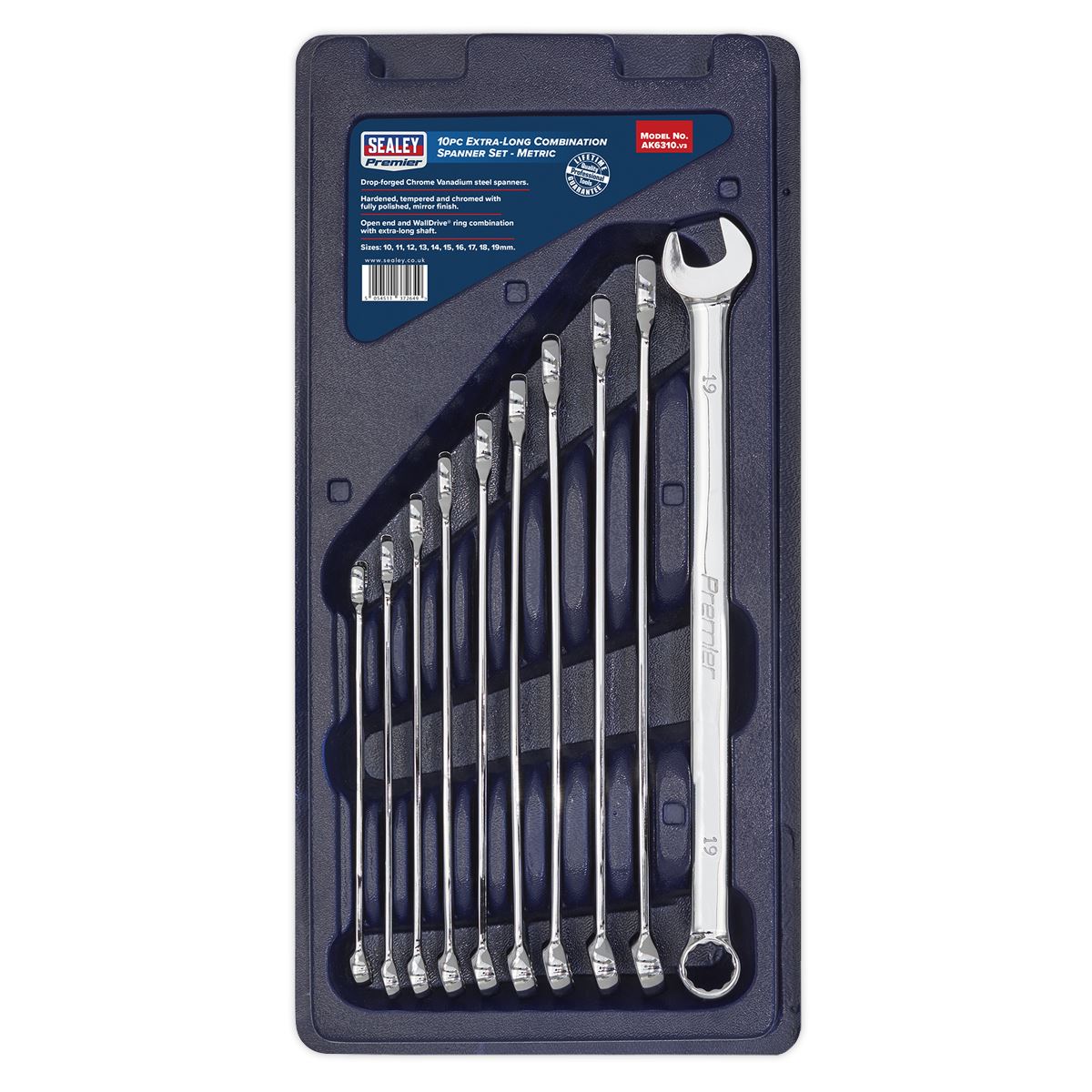Sealey Premier Combination Spanner Set 10pc Extra-Long Metric