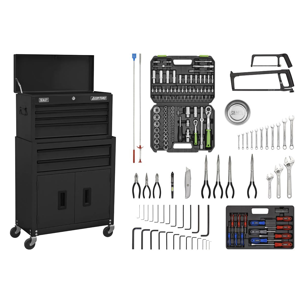 Sealey American Pro Topchest & Rollcab Combination 6 Drawer with Ball-Bearing Slides - Black & 170pc Tool Kit